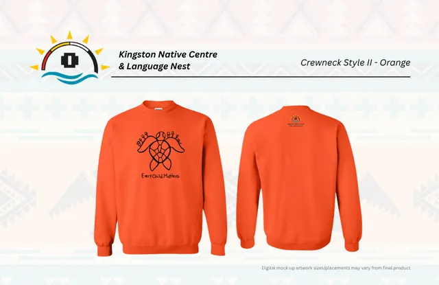 Orange crewneck sweater, front and back. The front has a turtle carrying children on its flippers, above the words Every Child Matters; the back has the Centre's small logo below the collar.